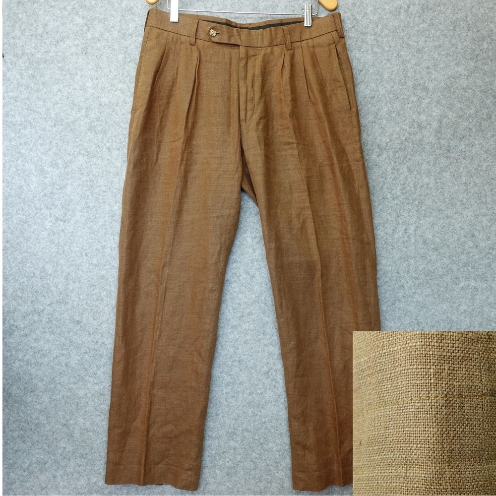Pleated Linen Pants Mens 36x32 Camel Brown Summer Trousers BECKENSTEIN Bespoke